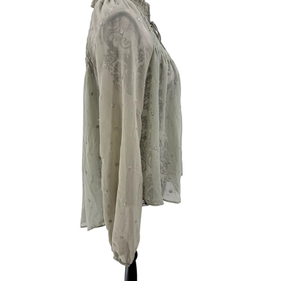 Free People Ready To Run Embellished Smocked Sheer Blouse Grey Mist Boho Chic - Picture 8 of 13